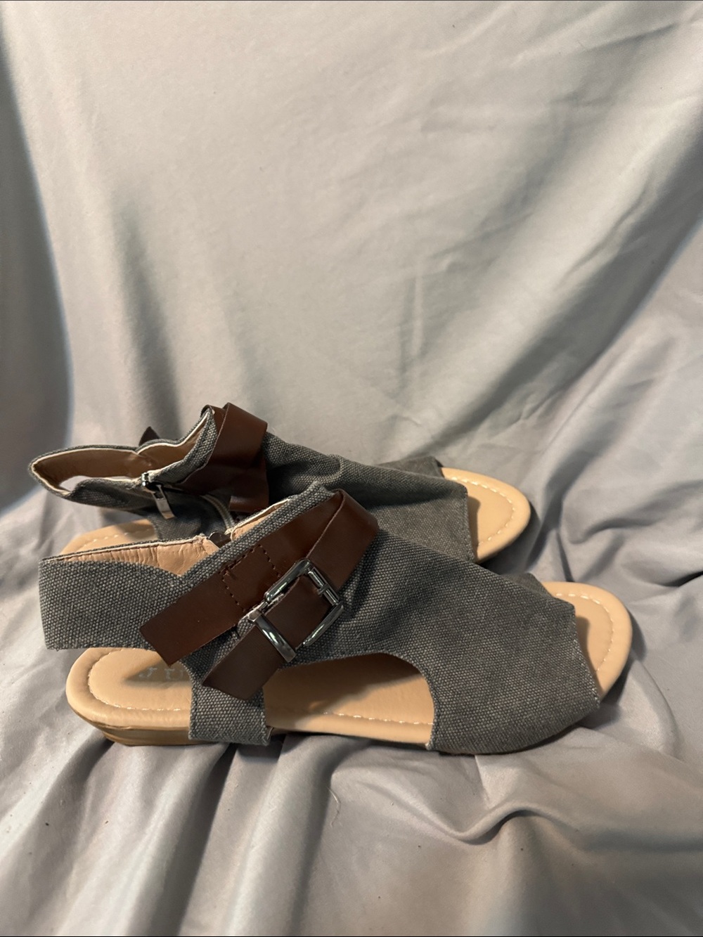 Women’s Gray Canvas Slingback Sandals with Brown Buckle Strap